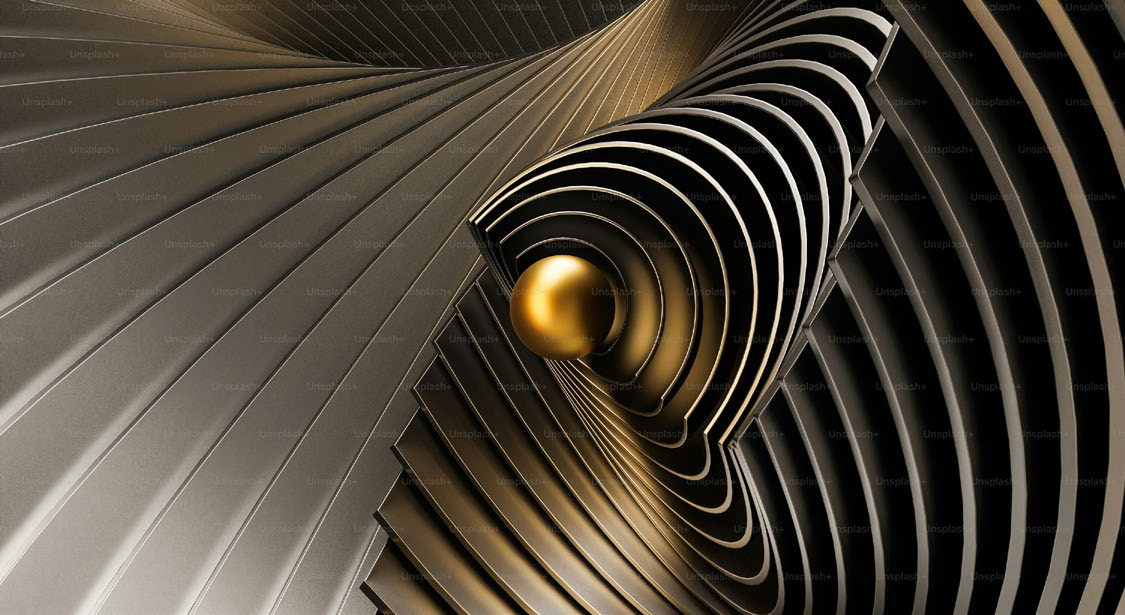 Architecture abstraite argentée en spirale, détail doré