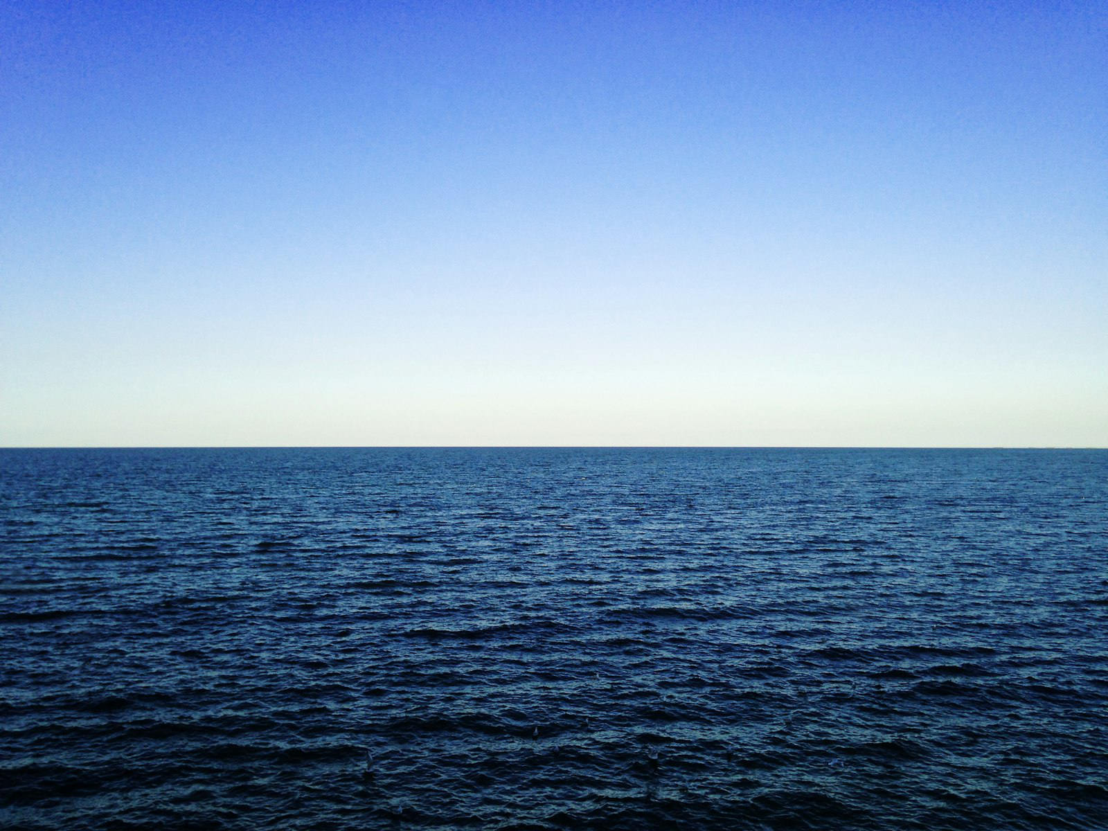 Horizon marin minimal, mer d'un bleu profond sous un ciel clair
